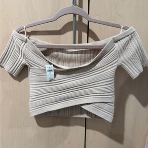 Elegant Cream Ribbed Off-Shoulder Top
